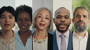 A collage with close-ups of five diverse people facing the camera as they speak.