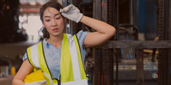 A woman in an indoor workplace wipes her brow. 