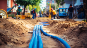 Workers installing blue pipes in a trench along a residential street, with construction equipment and vehicles visible in the background.