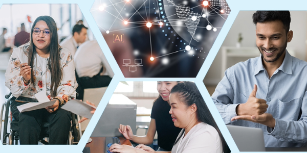 Collage. A woman in a wheelchair speaks to unseen colleagues. A blind woman types on a keyboard as a colleague looks on. A man uses American Sign Language while communicating on a laptop. An illustration shows a connected network and the word âAI.â