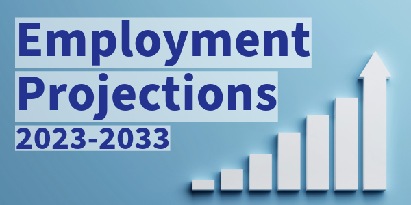 A bar chart showing progressive growth and the text "employment projections, 2023-2033