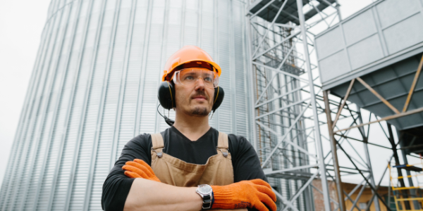 A young man with arms crossed, wearing a hard hat and eye and ear protection as he stands in front of a grain silo.