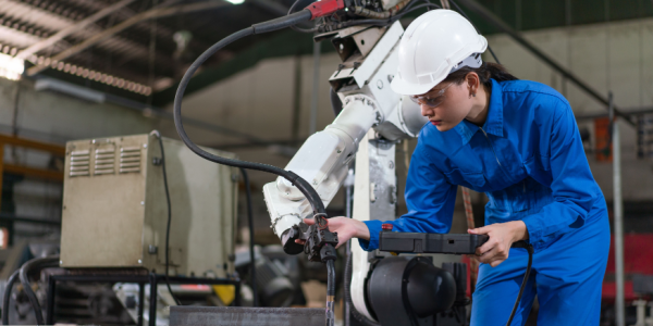 A female automation engineer wears a blue uniform with a helmet safety, inspecting a robot arm in an industrial factory.