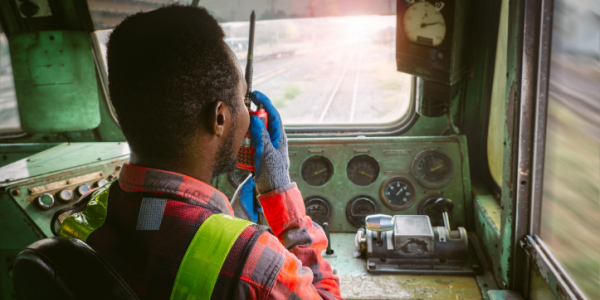 Railroad engineer looking forward through window and talking on radio.