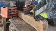 Sawmill worker guiding a large piece of wood into a cutter