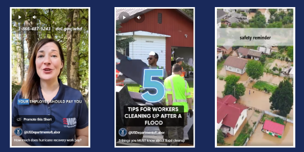 Collage of three reel-style videos. One features a woman in a WHD t-shirt. One shows workers cleaning debris, with the title 5 tips for workers cleaning up after a flood, and one has an aerial view of a flooded town.