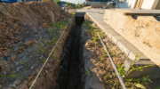 Trench fill foundation dig for new build house.