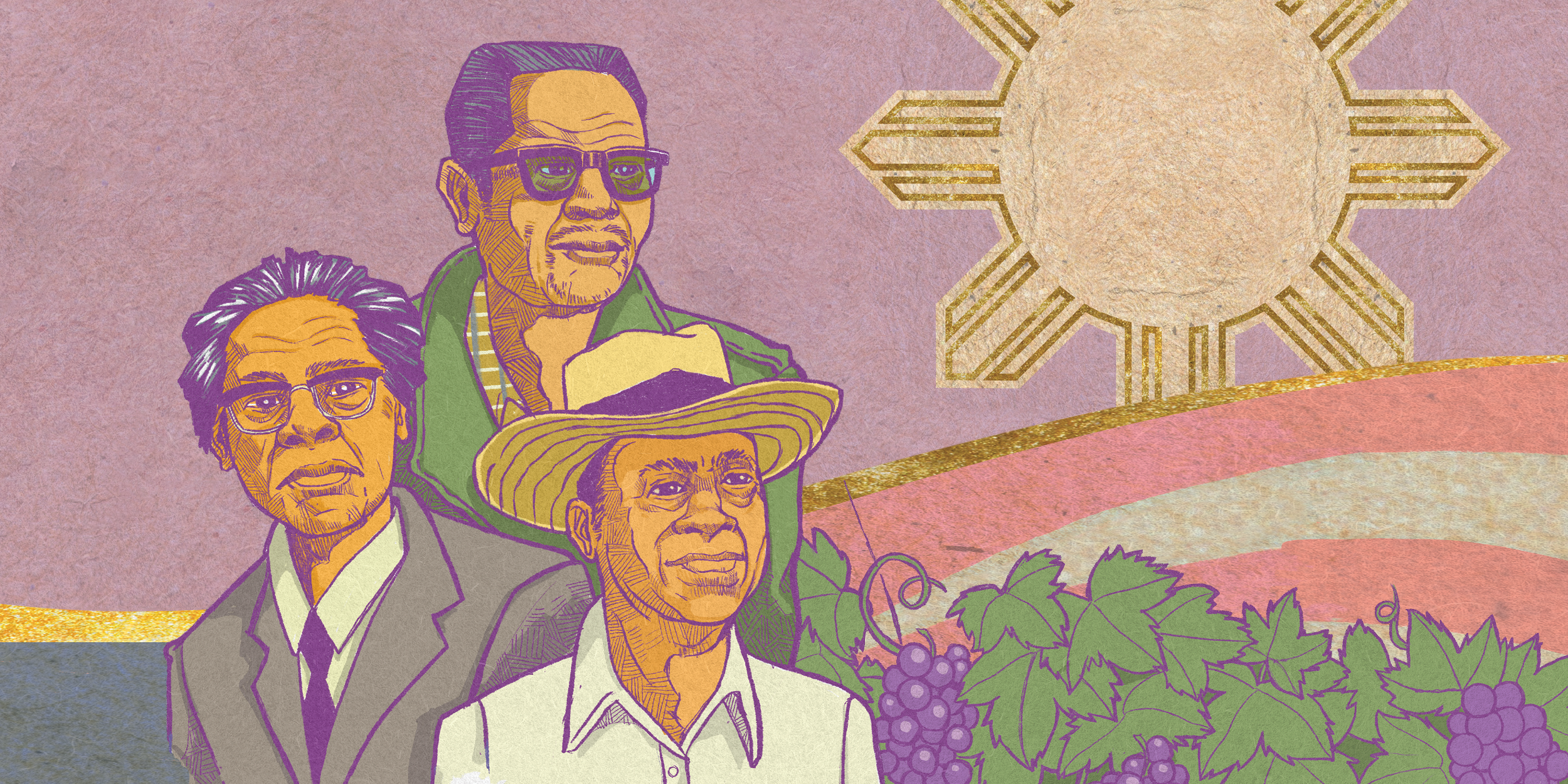 An illustration of Larry Itliong, Philip Vera Cruz and Peter Gines Velasco with grapes and the sun in the background.