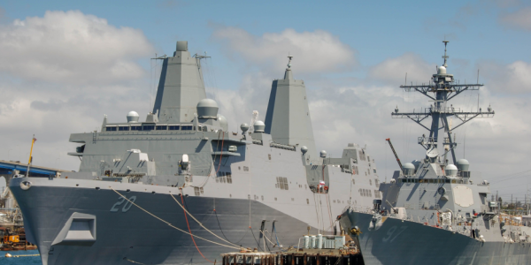 A U.S. Navy vessel at the San Diego shipyard.