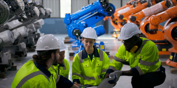 Four engineers in safety jackets and hard hats kneel in a warehouse to consult a blueprint. Rows of robotic machines are visible behind them. 