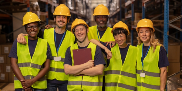 Diverse group of workers , one of whom has a disability, wearing safety vests and hardhats stand in front of pallet racks