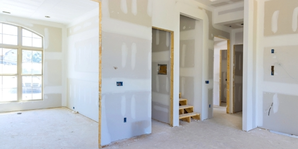 The interior of a house under construction. The walls are frames covered in drywall.