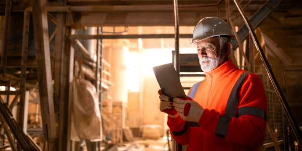 Bearded man wearing a hard hat and safety overalls stands in a mine, holding a clipboard. 