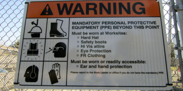 Personal protective equipment PPE required beyond this point warning sign on fence