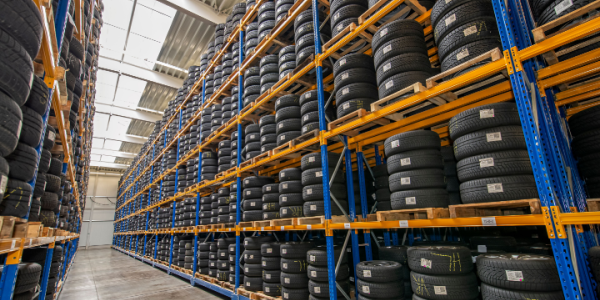 High racks holding tires in the warehouse of a tire dealer