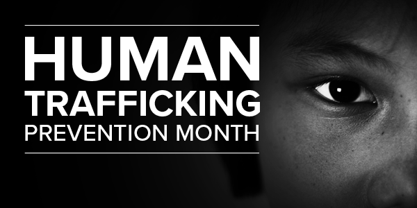 A black and white photo of the side of someone’s face, with the text “Human Trafficking Prevention Month.” 