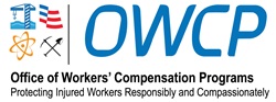 OWCP. Office of Workers' Compensation Programs. Protecting Injured Workers Responsibly and Compassionately. Four icons for the four programs: a crane, a flag, an atom, and a pick and shovel