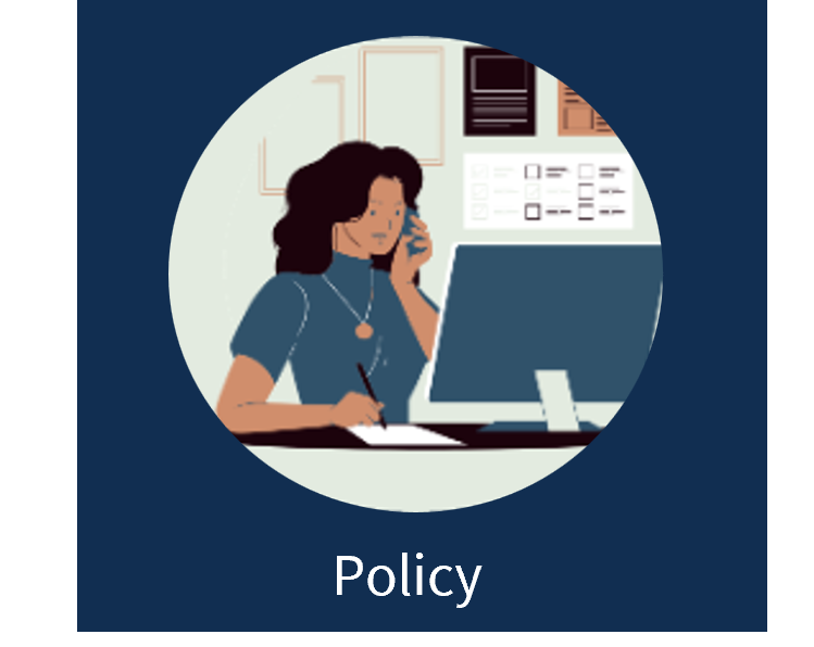 Policy icon. Person on the phone, writing on a paper, and looking at a computer monitor.