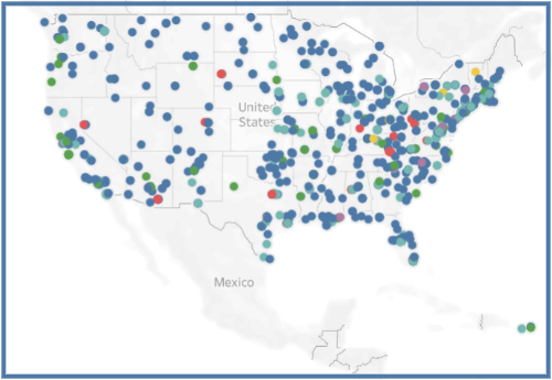 An illustrated map of the United States with dozens of colorful dots across every state indicating recipients of public grants.