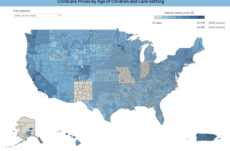 A map of the United States titled Childcare Prices by Age of Children and Care Setting.